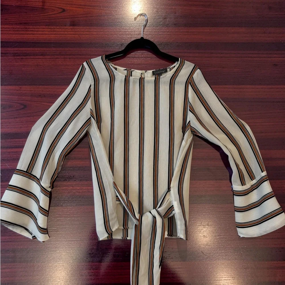 Luxology Cream/Navy and Orange Striped Tie-Front Blouse